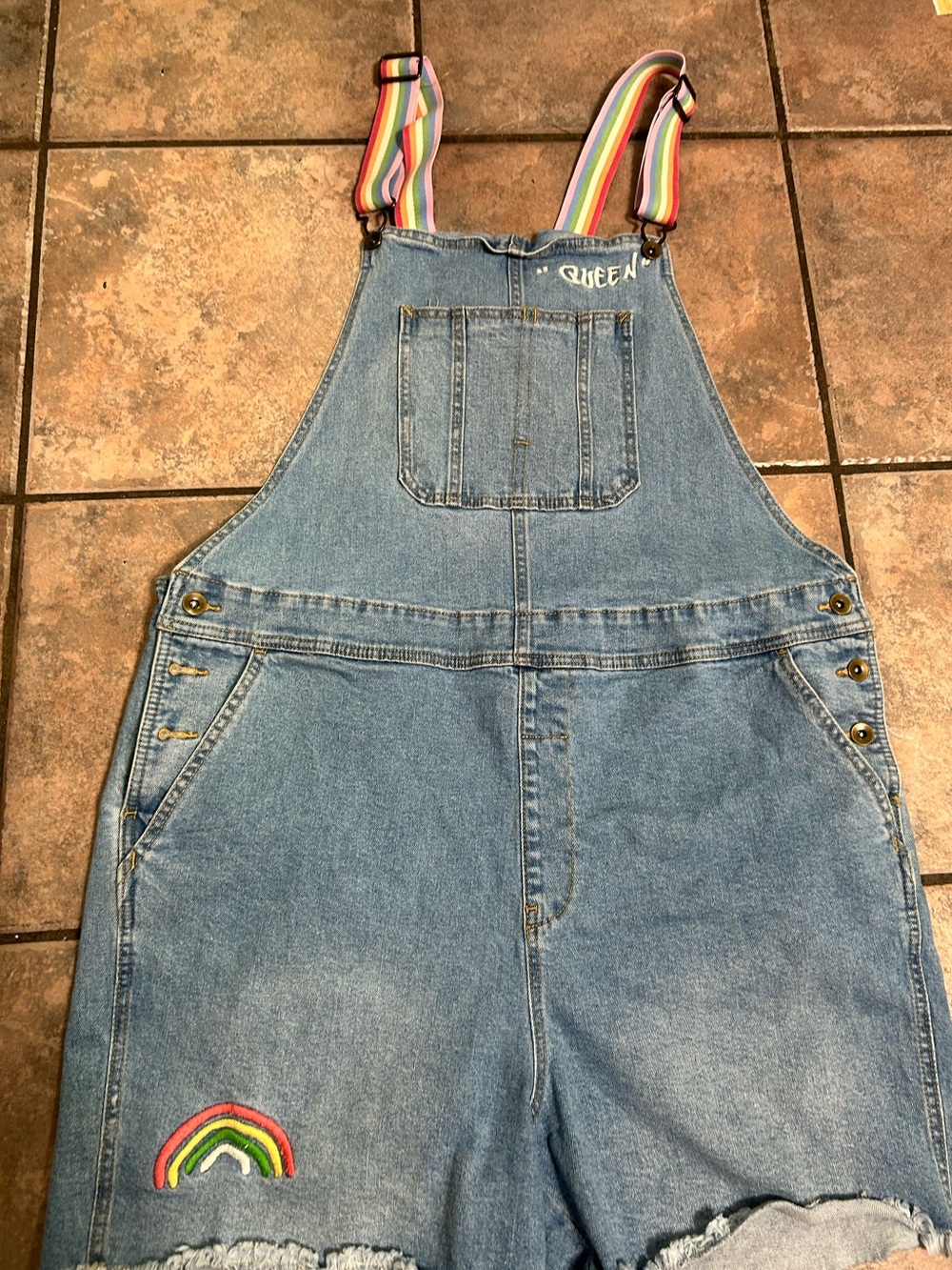 Denim Short Overalls with Rainbow Straps and Patch